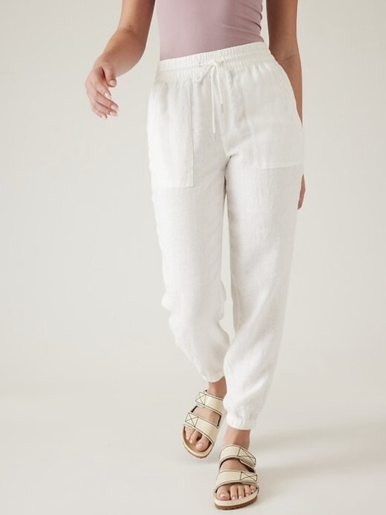 Athleta White Linen Drawstring Joggers With Patch Pockets Size 6